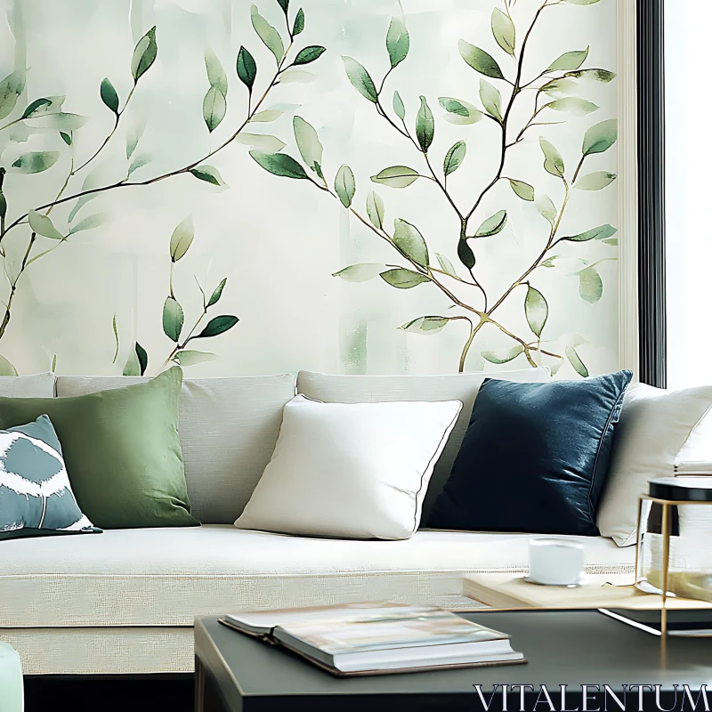 Stylish Living Room Design with Leaf Art AI Image