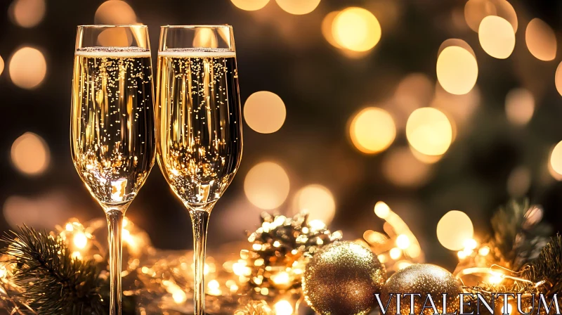 Festive Champagne Flutes with Bokeh Lights AI Image