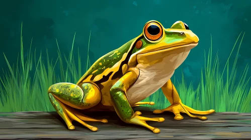 Vivid Frog Illustration on Wood with Grass