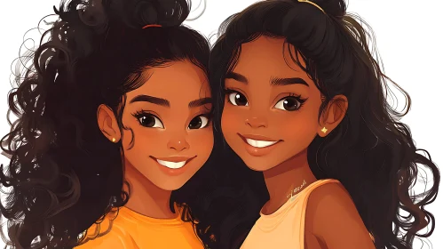 Illustration of Smiling Girls with Curly Hair