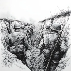 Monochrome Sketch of Trench Warfare