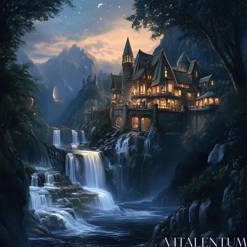 Fantasy Castle Waterfall Landscape Art AI Image