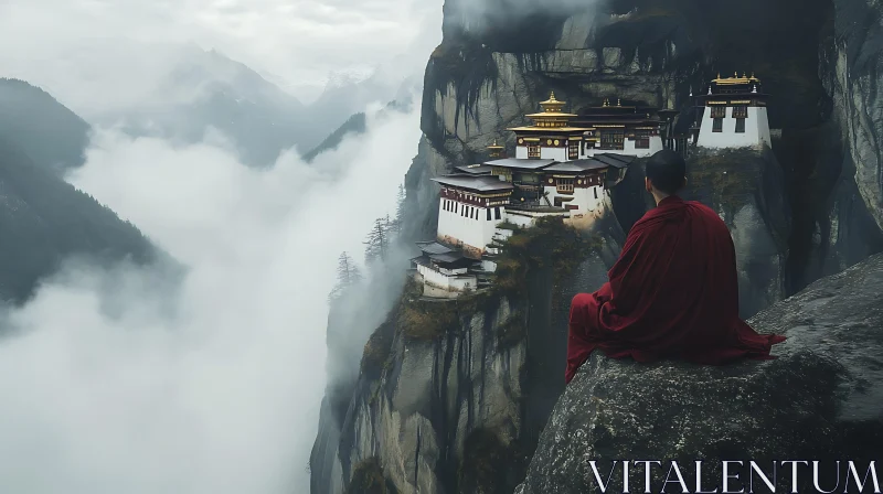 Monk Meditating at Cliffside Monastery AI Image