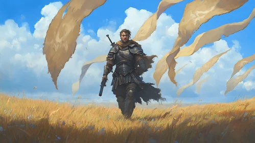 Armored Warrior Striding Through Field