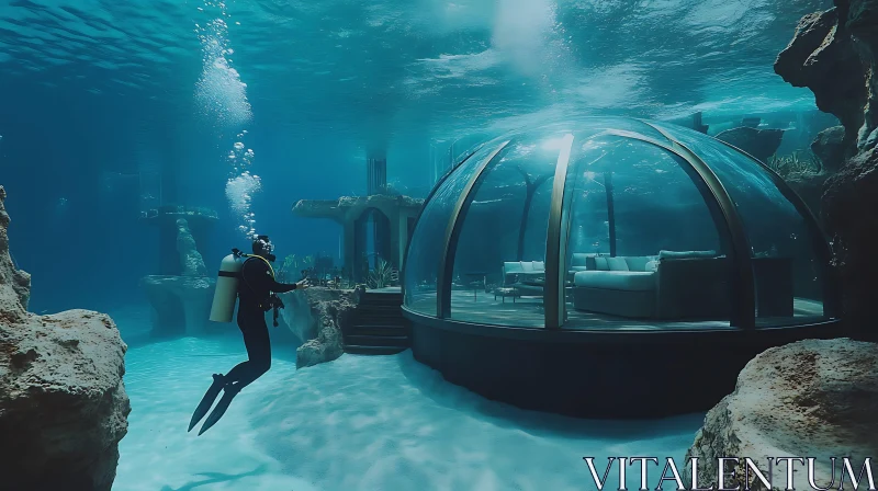 Scuba Diver Exploring an Underwater Dome AI Image