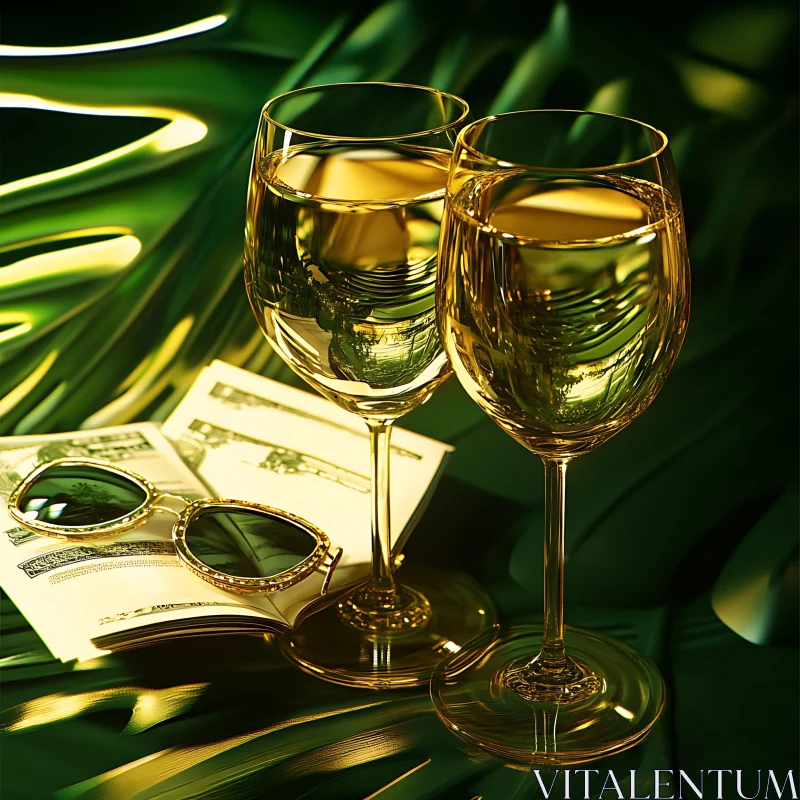 AI ART Elegant Wine Glasses with Golden Liquid