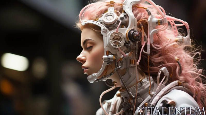Captivating Futuristic Art: Pink-haired Woman in Mechanical Realism AI Image