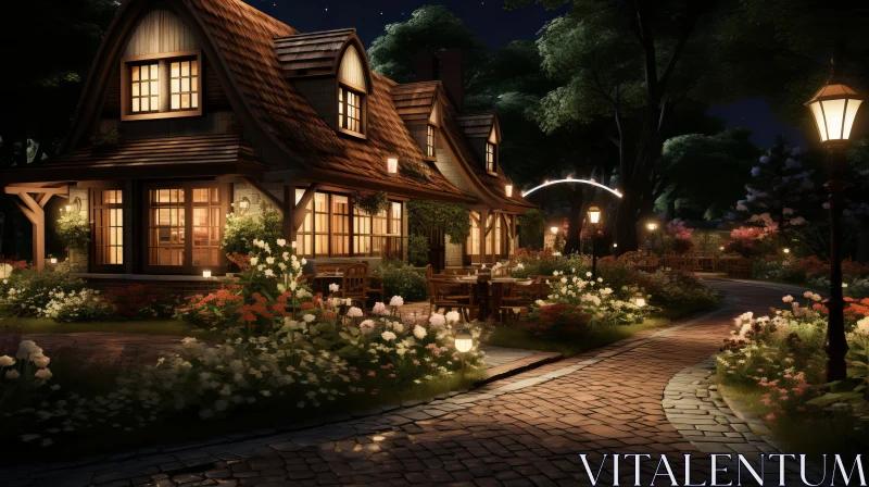 AI ART Charming Night Scene with House and Flowers - Villagecore Aesthetic