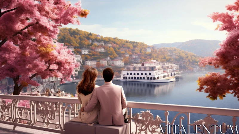 Couple Overlooking Lake Amidst Cherry Blossoms in Elegant Cityscape AI Image