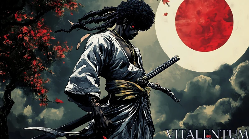 Samurai with Katana and Red Moon AI Image