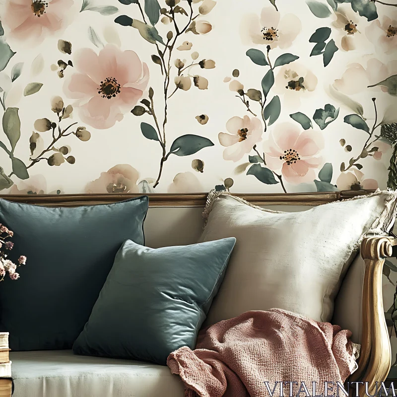 Floral Wallpaper and Sofa with Cushions AI Image