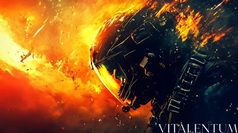 Figure in a Helmet Amidst a Fiery Explosion AI Image