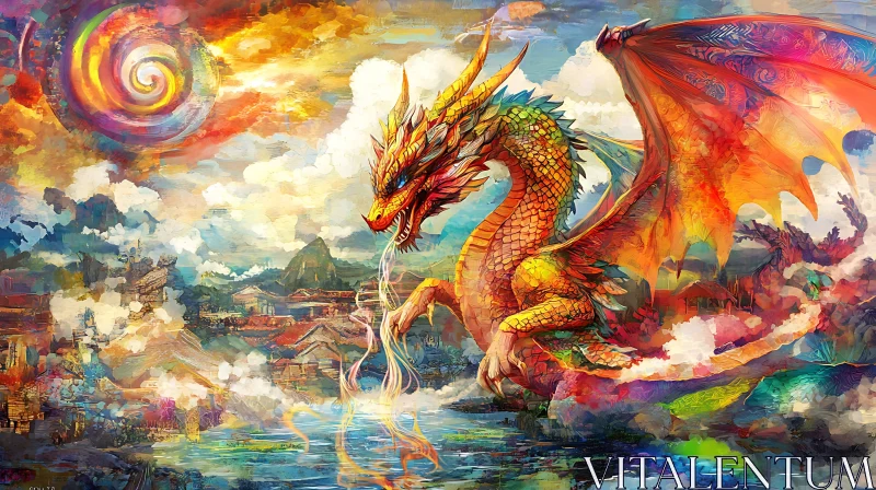 Colorful Dragon Art with Swirling Sky AI Image