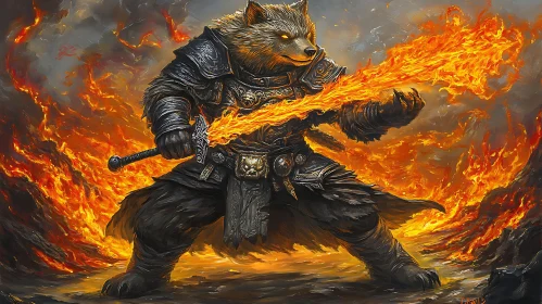 Armored Wolf Warrior with Flaming Sword