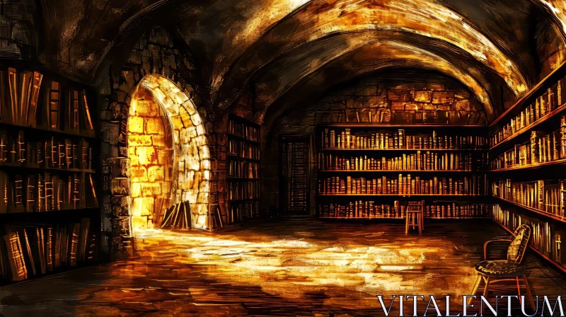 Enchanting Digital Painting of a Library in a Stone Room AI Image