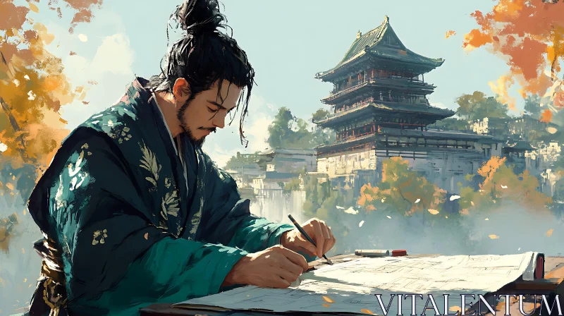 Man Sketching Temple Architecture AI Image