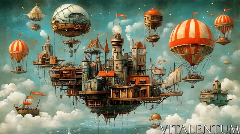Vintage Aerial Cityscape with Balloons AI Image
