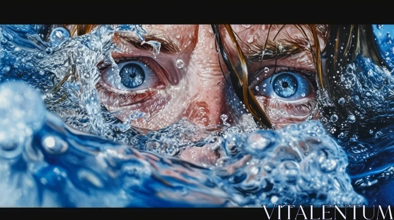 Intense Blue Eyes Underwater: A Detailed Hyperrealistic Painting AI Image