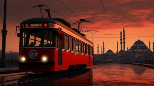 Red Train in Ottoman Art Style Cityscape