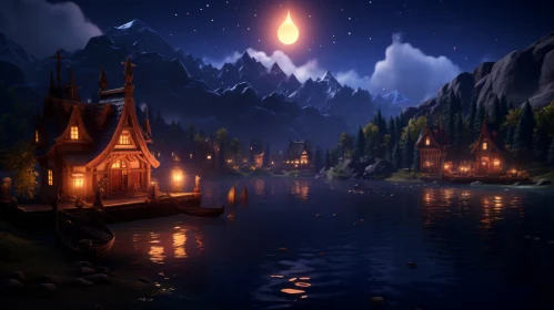 Serene Night Scene with Houses by the Lake | Unreal Engine Style