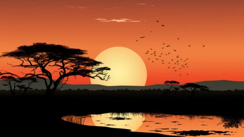 Sunset Over Savannah: An Avian-Themed Natural World Illustration