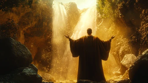 Man Embracing Golden Waterfall