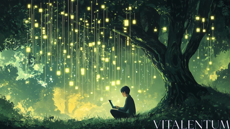 Man with Laptop Under Glowing Tree AI Image