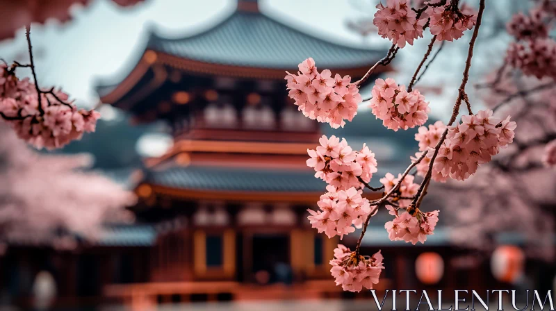 Cherry Blossoms and Ancient Temple AI Image