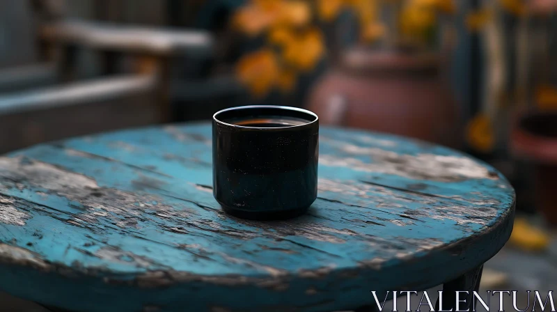 Coffee Cup on Weathered Table AI Image