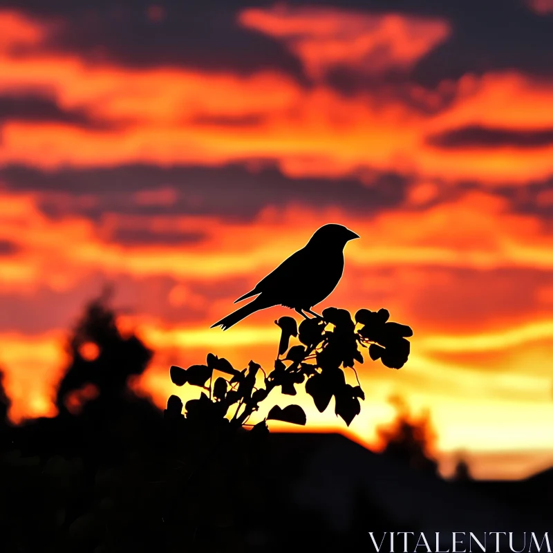 AI ART Bird on Branch Sunset Silhouette