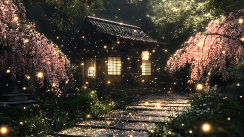 Japanese Architecture with Blossoms and Lanterns