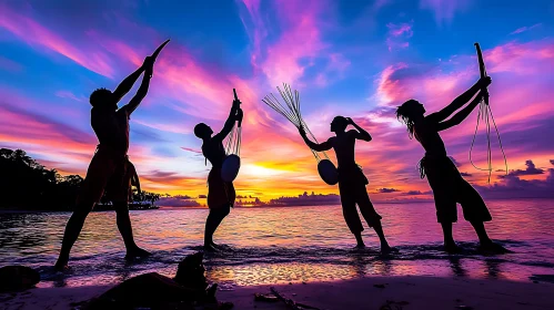 Sunset Ritual: Silhouette Performers by the Sea