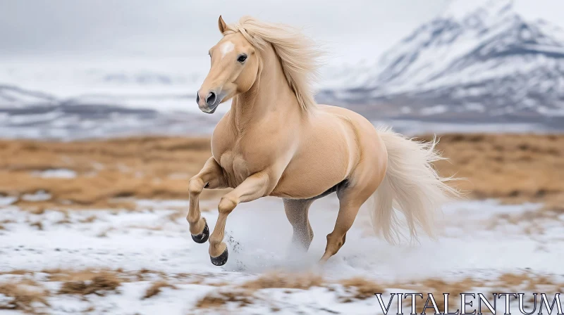 Galloping Horse in Winter Landscape AI Image