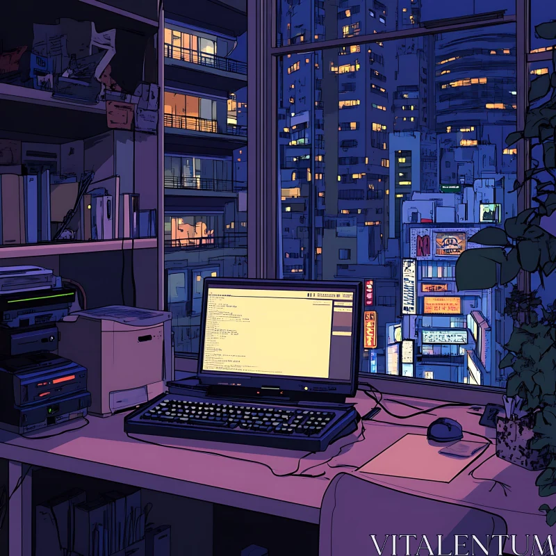 Office Desk Overlooking Bright City at Night AI Image