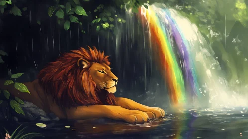 Peaceful Lion by Rainbow Waterfall