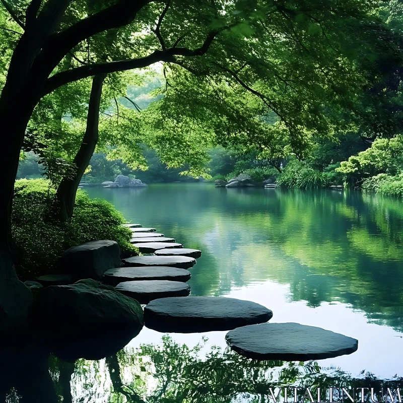 Peaceful Lakeside Path with Stepping Stones and Lush Greenery AI Image