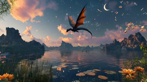 Fantasy Dragon Landscape with Moonlit Lake