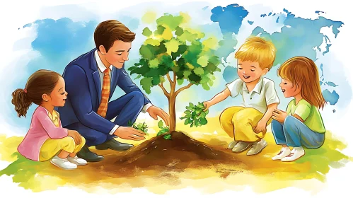 Kids Planting Tree Illustration