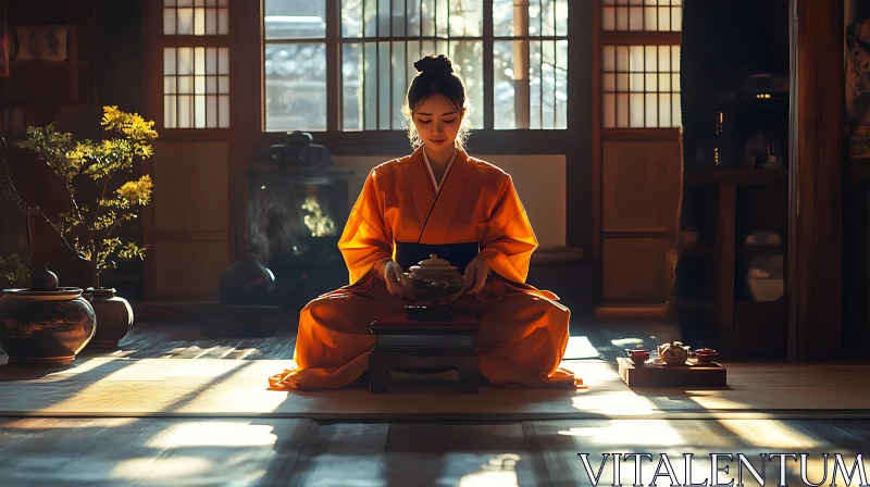 AI ART Woman Meditating with Tea Set