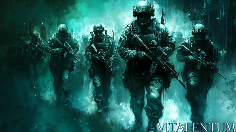 Camouflaged Soldiers Marching in Teal Haze AI Image