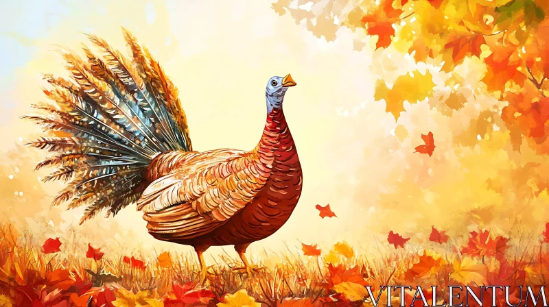 Thanksgiving Turkey among Falling Leaves AI Image