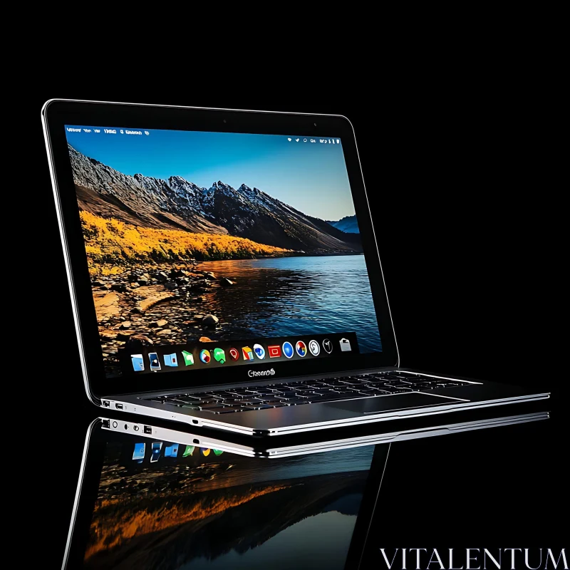 Slim Metallic Laptop with Mountain Wallpaper Display AI Image