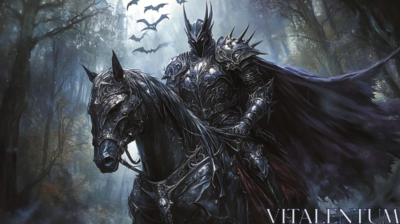 AI ART Armored Knight on Horseback in Dark Woods