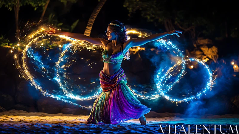 AI ART Woman Dancing with Lights on Beach