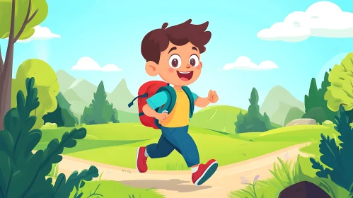 Cartoon Boy Running with Backpack