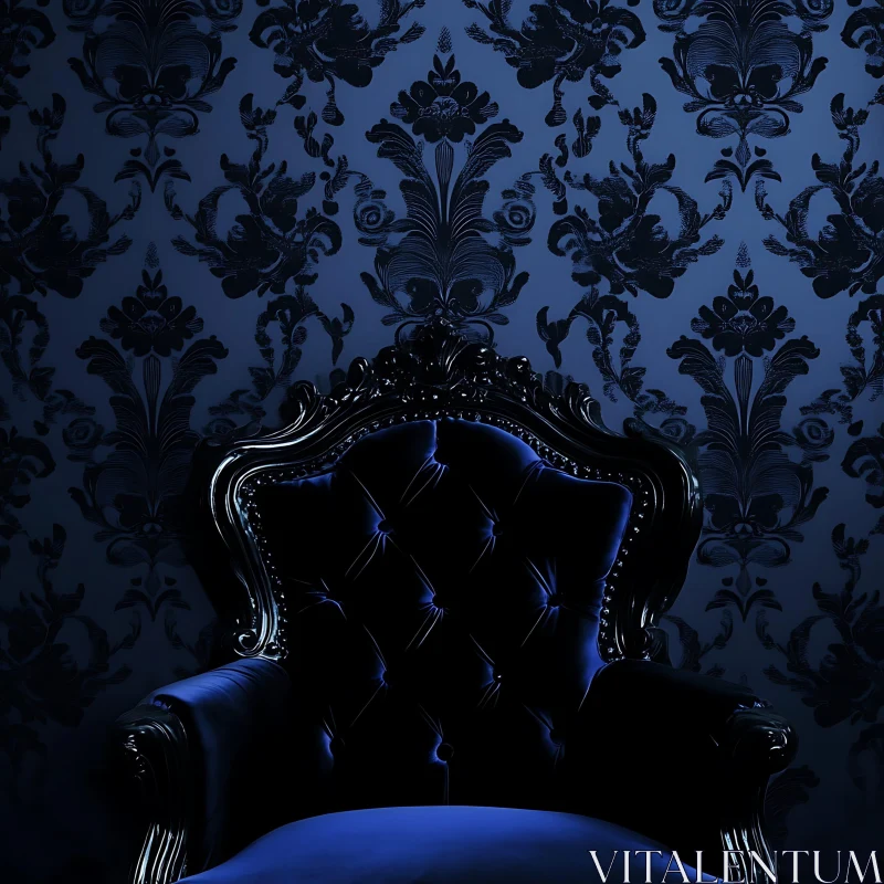 AI ART Vintage Blue Velvet Armchair Against Patterned Wall