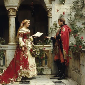 Vintage Painting of a Courtyard Romance