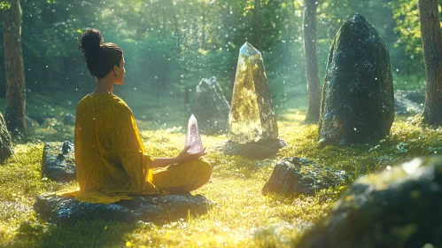 Woman Meditating with Crystal in Forest