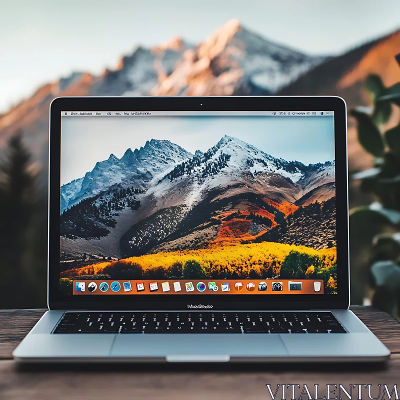 Laptop with Scenic Mountain Wallpaper AI Image