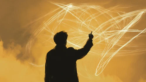 Man Pointing at Abstract Light Art